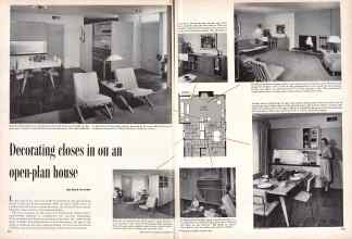 Better Homes & Gardens October 1957 Magazine Article: Decorating closes in on an open-plan house