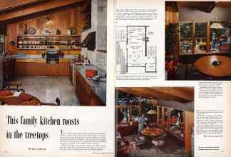 Better Homes & Gardens February 1958 Magazine Article: This family kitchen roosts in the treetops