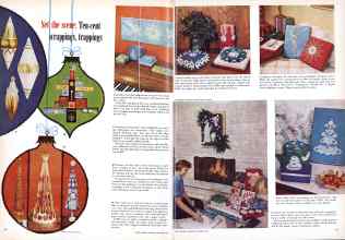 Better Homes & Gardens December 1959 Magazine Article: Set the scene: Ten-cent wrappings, trappings