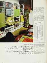 Better Homes & Gardens April 1965 Magazine Article: SHORT LENGTHS OF 1x4 PLUS SOME PLYWOOD SHELVES ADD UP TO AN INTERESTINGLY DIFFERENT STORAGE WALL
