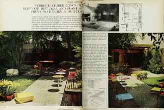 Better Homes & Gardens April 1965 Magazine Article: PEBBLE-TEXTURED CONCRETE, REDWOOD BOULDERS, AND PLANTERS PROVE NO GARDEN IS HOPELESS