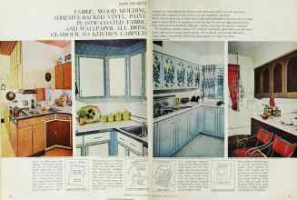 Better Homes & Gardens April 1965 Magazine Article: FABRIC, WOOD MOLDING, ADHESIVE-BACKED VINYL, PAINT, PLASTIC-COATED FABRIC, AND WALLPAPER ALL BRING GLAMOUR TO KITCHEN CABINETS