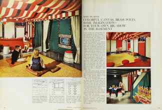 Better Homes & Gardens April 1965 Magazine Article: COLORFUL CANVAS, BRASS POLES, SOME IMAGINATION--FOR YOUR OWN BIG SHOW IN THE BASEMENT