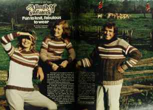 Better Homes & Gardens October 1977 Magazine Article: NEW LOOKS IN NEW YARNS A family of sweaters